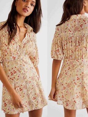 Free People Bonnie Mini Dress in Tea Combo Cottage Core Floral NWT Size Large